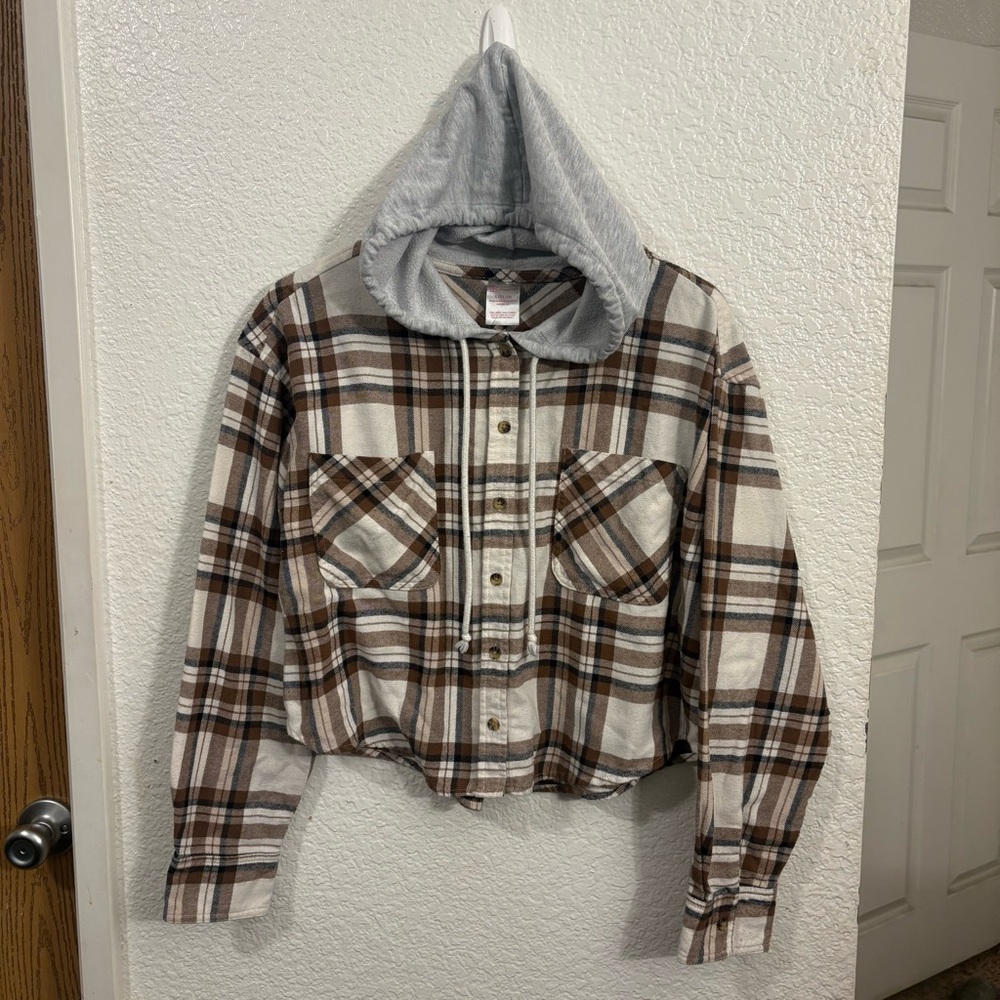 No Boundaries Plaid Hooded Flannel Jacket Junior/Women's L Cropped Brown Gray